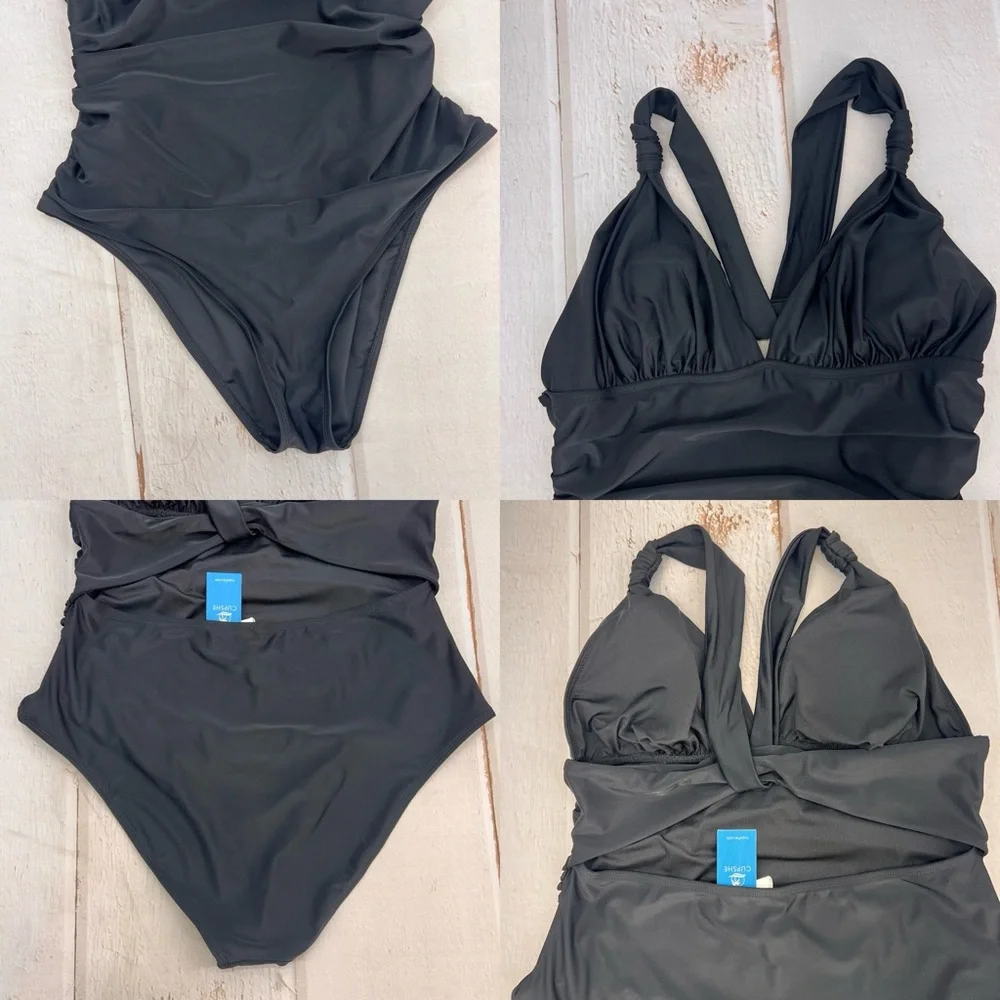 One Piece Swimsuit Deep V Neck Tummy Control Ruched V Back Classic‎ Bathing Suit - Picture 12 of 16